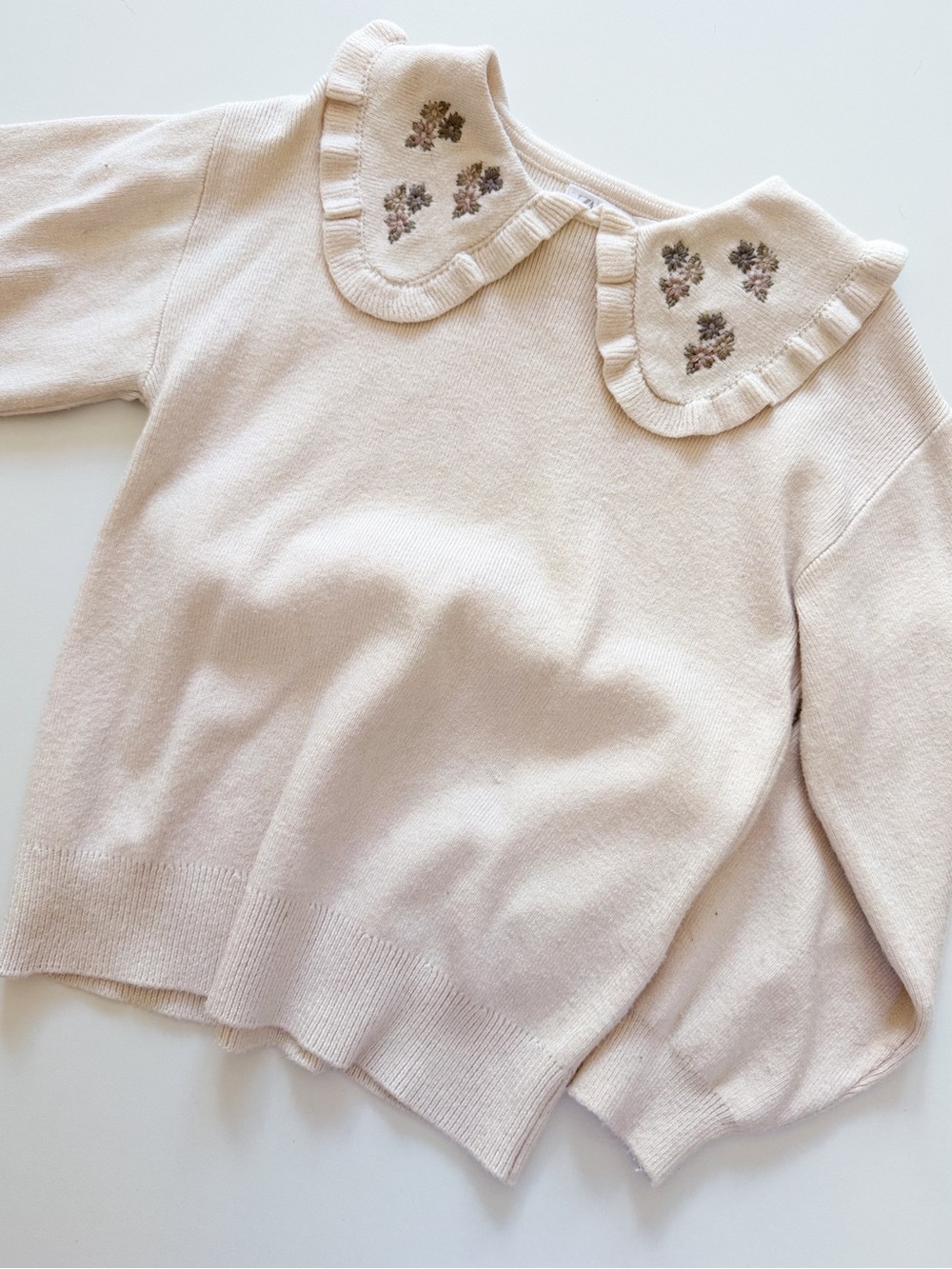 Zara Cream Sweater with Embroidered Ruffle Collar